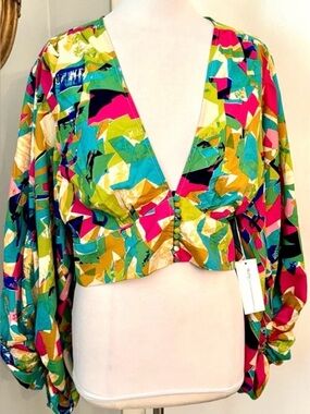 NWT Boho Smocked Crop Top Colorful Balloon Sleeves Festival V Neck NWT Boho 1X